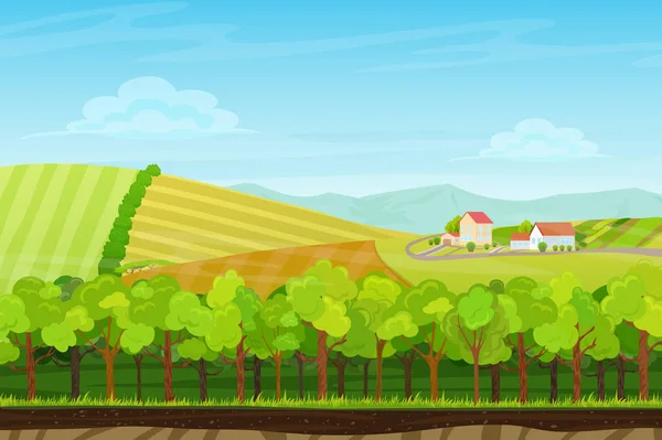 Paysage de dessin animé sans couture avec bois forestier, montagnes et collines avec des maisons de village agricole. Paysage pour le jeu . — Image vectorielle