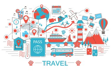 Modern düz ince çizgili Tema web banner Web sitesi, sunum, el ilanı ve poster için seyahat toutism kavram.