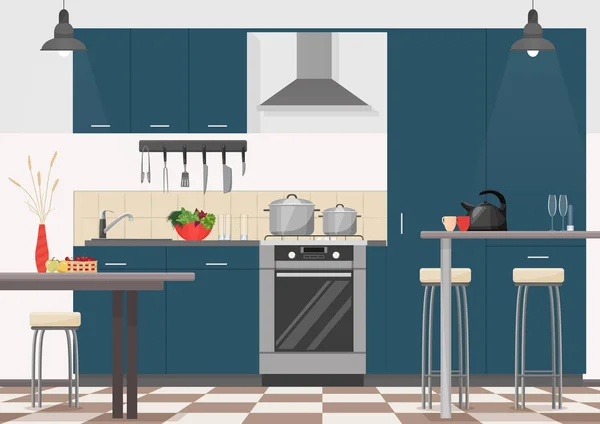 Moderne Kücheneinrichtung mit Möbeln und Kochgeräten. Cartoon realistische flache Gestaltung der Küche. — Stockvektor