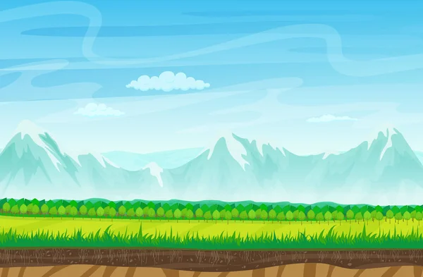 Cartoon-Landschaft mit Felsen, Bergen und Gras. Landschaft für Spiel. — Stockvektor