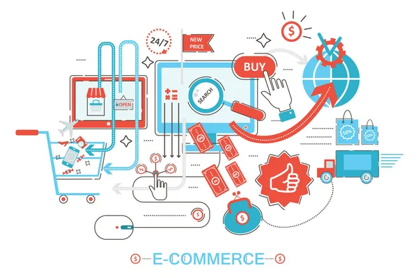 Σύγχρονη γραφιστική στυλ έννοια των online αγορών, e-commerce online πωλήσεις, ψηφιακό μάρκετινγκ. Promo επίπεδη γραμμή χρώμα web Banner εικονογράφηση. — Διανυσματικό Αρχείο