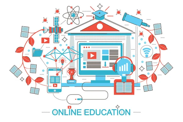 Moderno Plano fino Line design distância educação on-line e conceito de e-learning para web banner site, apresentação, folheto e cartaz . —  Vetores de Stock