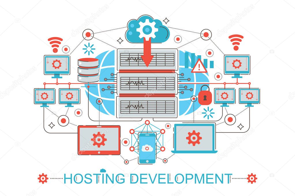 Modern graphic flat line design style infographics concept of Hosting development with icons, for website, presentation and poster.