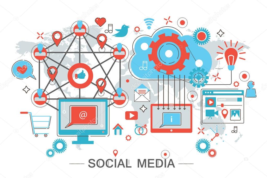 Social Network and Social Media vector illustration. Modern graphic design Flat line infographics Concept for promo and web banner.