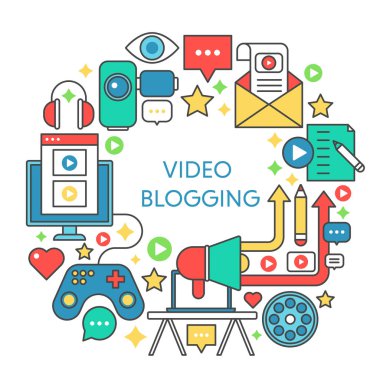Video bloglamaya düz çizgi vektör konsept illüstrasyon. Poster, web için şablon.