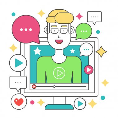 Blogger video düz çizgi kavramı. Adam blogger ile bilgisayar ekranı. Kişisel kanal yayın kontur vektör çizim.