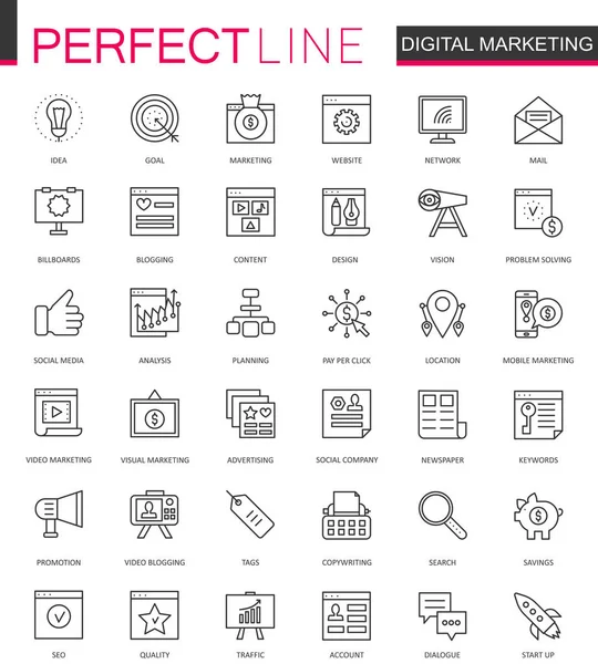 Set di icone web a linea sottile di Digital Marketing. Online business contorno iconico iconico design . — Vettoriale Stock