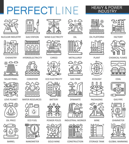 Ciężki moc przemysłu zarys koncepcji symboli. Fabryka i energii odnawialnej obrysu nowoczesny styl liniowy ilustracje zestaw. Perfekcyjne cienkie ikony. — Wektor stockowy