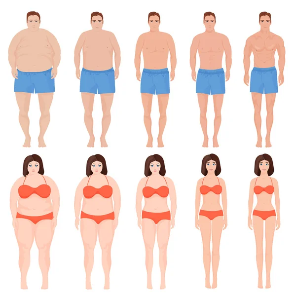 Мультфільм чоловік і жінка стадія схуднення. До і після дієти люди мультфільму Векторні ілюстрації . — стоковий вектор