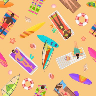 Beach seamless modeli üstten görünüm. Güneşli bir plaj yaz insanlar. Şemsiye, şezlong ve havlu ile yaz aylarında insanlar yukarıda görüntüleyin. Çizgi film vektör çizim.