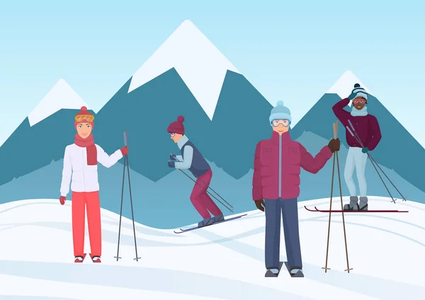 Um grupo de pessoas montando céus na ilustração do vetor montanhas. Pessoas de esqui . —  Vetores de Stock