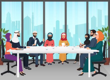 Arap iş adamları modern Ofis Büro toplantı tartışıyor. Müslüman konferans düz çizgi film vektör çizim.