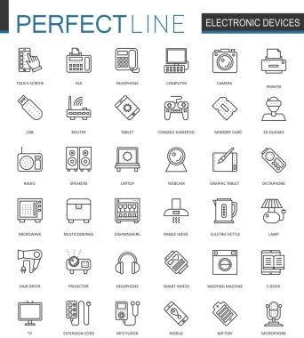 Elektronik aygıt ince çizgi web simgeler kümesi. Becerikli alet cihazlar kontur simgeleri tasarım anahat.