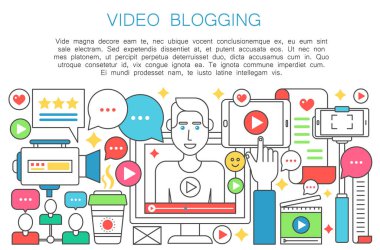 Blogger video düz çizgi kavramı. Erkek blogger ile bilgisayar ekranı. Kişisel Bloglama kanal yayın ince anahattı kontur vektör çizim.