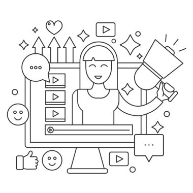 Blogger video ince çizgi web kavramı. Kadın kadın blogger ile bilgisayar ekranı. Kişisel Bloglama kanal yayın anahattı kontur vektör çizim.