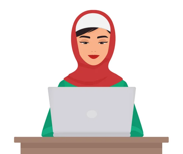 Muçulmana mulher bonita de negócios em roupas tradicionais trabalhando no laptop isolado. Arabian feminino Vector ilustração . — Vetor de Stock