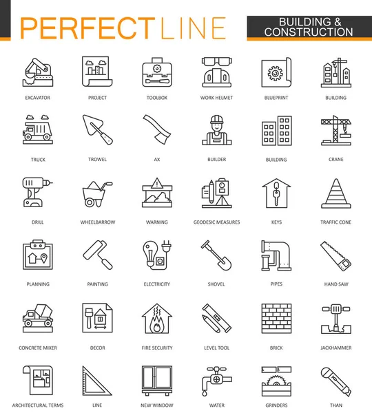 Construction et construction ligne mince icônes web ensemble. Home réparation outils contour icônes course conception . — Image vectorielle