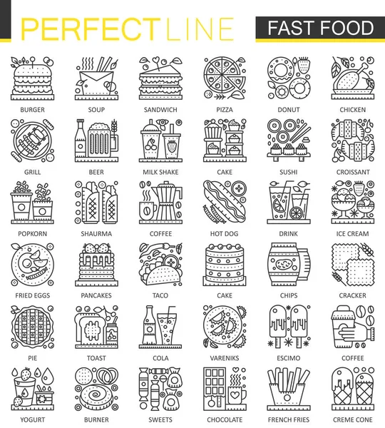 Fast food mini konceptet dispositionssymbolerna. Moderna stroke linjär stil illustrationer set. Mat perfekt tunn linje ikoner. — Stock vektor