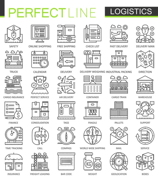 La logistica delinea i mini simboli concettuali. Set di illustrazioni lineari in stile moderno. Trasporto logistico icone linea sottile perfetta — Vettoriale Stock