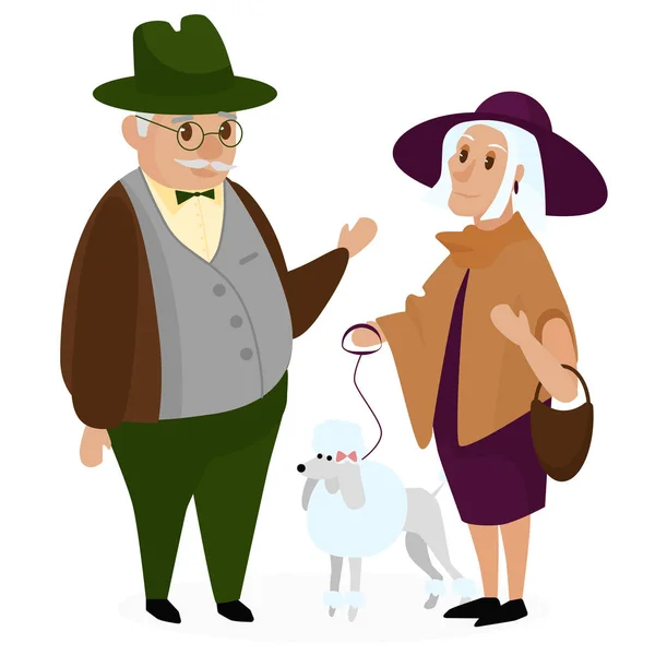 개 푸 들과 오래 된 peple 커플입니다. 행복 한 조부모 함께 격리입니다. 할아버지와 할머니 수석 노인 커플입니다. 만화 벡터 일러스트 레이 션. — 스톡 벡터