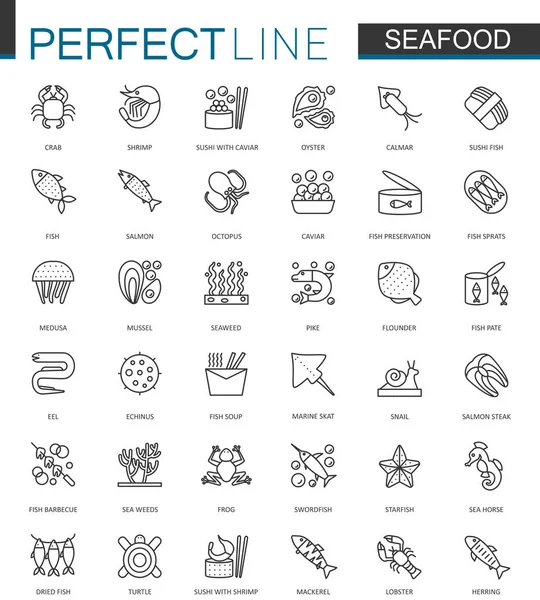 海鲜细线 web 图标集。鱼食餐厅菜单轮廓描边图标设计. — 图库矢量图片