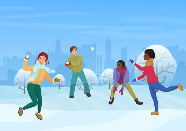 Le groupe d'amis jouant les boules de neige en dehors de l'illustration vectorielle . — Image vectorielle