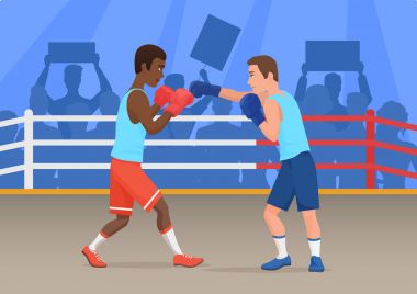 Siyah ve beyaz sporcular ringde boks vektör çizim.