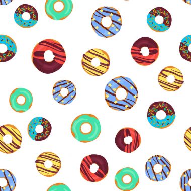 Çikolatalı donuts, bonibon donuts ve renkli sır çörek ile vektör komik seamless modeli.