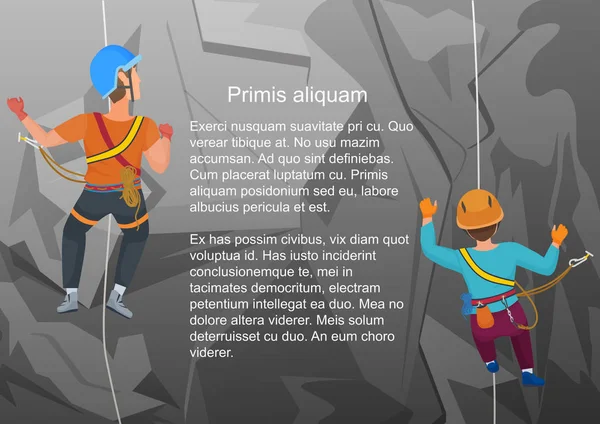 Vektor ilustrasi dari dua alpinists memanjat batu di pandangan belakang . - Stok Vektor