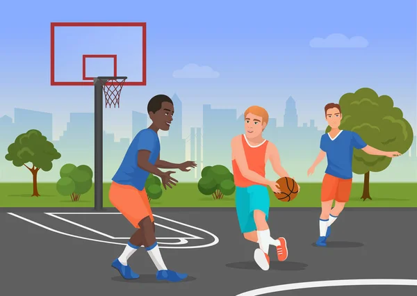 Illustration vectorielle de personnes noires et blanches jouant au streetball sur l'aire de jeux . — Image vectorielle