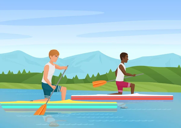 Векторна ілюстрація двох спортсменів веслування та змагання на річці . — стоковий вектор