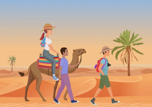 Vektor-Illustration von Mann, der mit Führer geht und Frau, die Kamel in der Wüste reitet. — Stockvektor