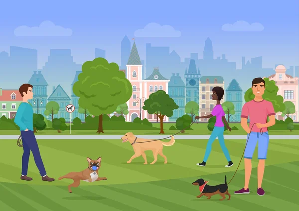 Ilustração vetorial das pessoas caminhando com cães no parque da cidade. Pessoas amantes de cães, lojas de cães . — Vetor de Stock