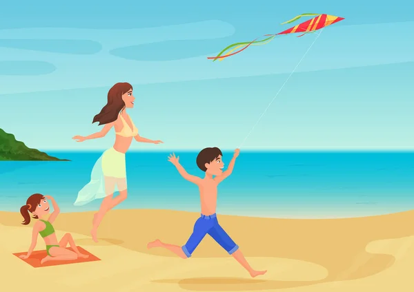 Ilustração vetorial de mãe se divertindo com crianças na praia e brincando com pipa . —  Vetores de Stock