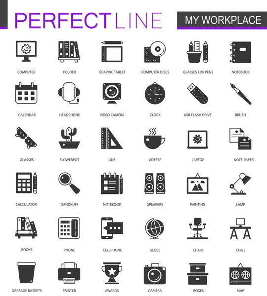 Preto clássico escritório web ícones de espaço de trabalho conjunto . —  Vetores de Stock