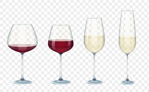 Встановіть прозорі векторні келихи з білим і червоним вином на прозорому фоні. Векторні ілюстрації . — стоковий вектор