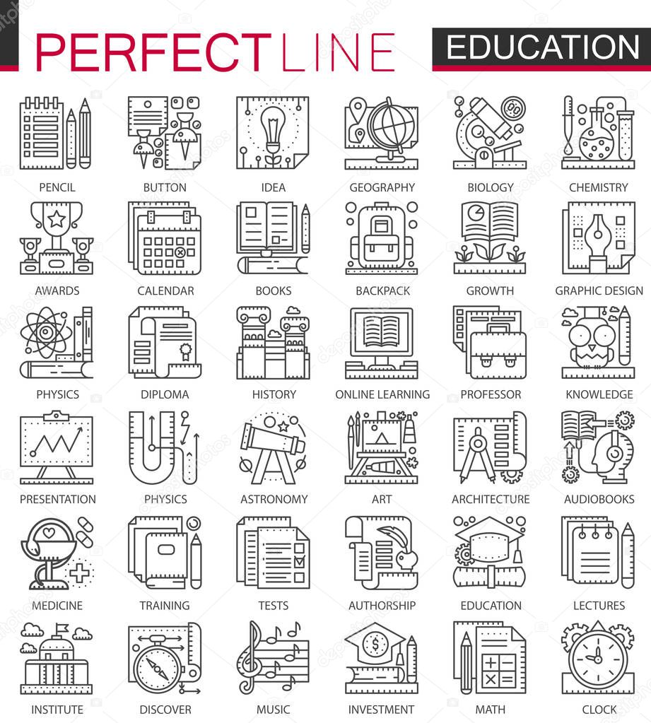 Education outline mini concept symbols. Modern stroke linear style illustrations set. School university perfect thin line icons.