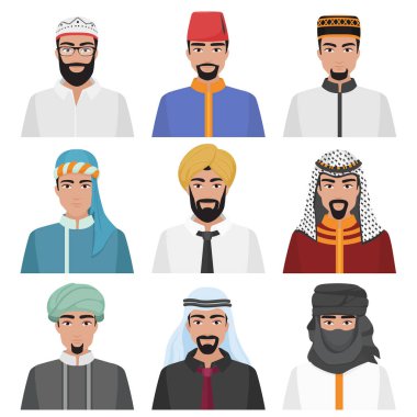 Orta Doğu erkek avatar küme. Arap Müslüman erkek yüz koleksiyonu. Vektör çizim.