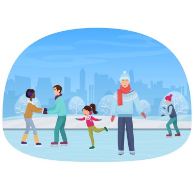 Bir açık hava pistinde kışın buz pateni insanlar illüstrasyon vektör.