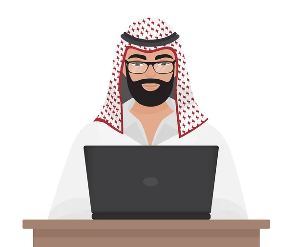 Arab muslim pengusaha atau programmer bekerja dengan laptop terisolasi. Ilustrasi vektor kartun . - Stok Vektor