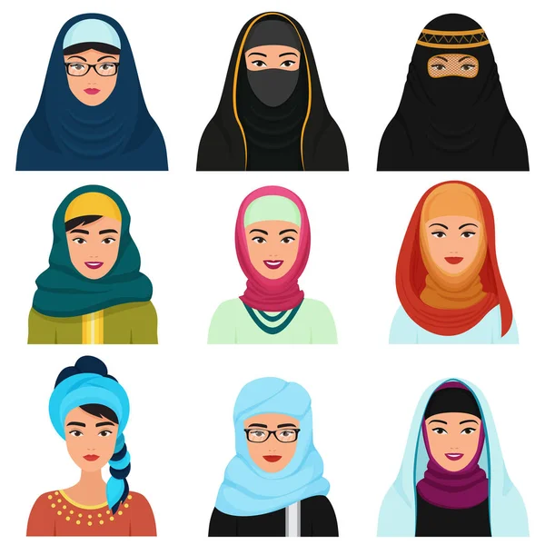 Avatares femininos do Médio Oriente. Árabe muçulmano mulher tradicional hijab rosto coleção . —  Vetores de Stock