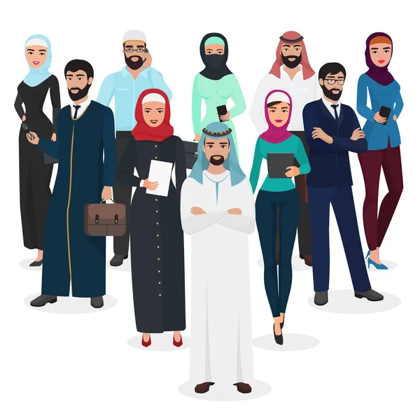 アラブのイスラム教徒のビジネス人々 のチームワーク。アラビア語漫画のベクトル図. — ストックベクタ