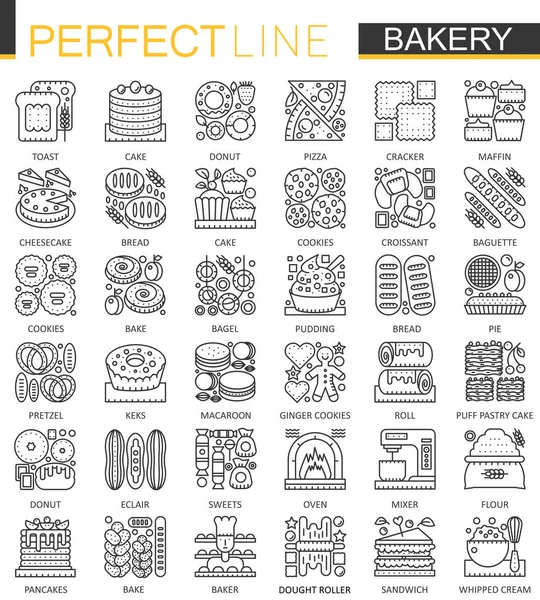 Αρτοποιείο τα σύμβολα διάρθρωσης μίνι έννοια. Σετ εικονογραφήσεις γραμμικό στυλ μοντέρνα πινελιά ζαχαροπλαστικής φαγητού. Εικόνες τροφίμων τέλεια λεπτή γραμμή. — Διανυσματικό Αρχείο
