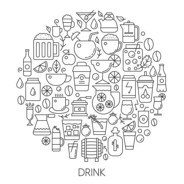 Drink infografische Symbole im Kreis - Konzeptlinienvektorillustration für Cover, Emblem, Abzeichen. Umrisssymbole gesetzt. — Stockvektor