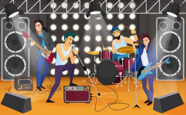 Rockband auf der Bühne. musikalische Gruppe Cartoon Vektor Illustration. — Stockvektor