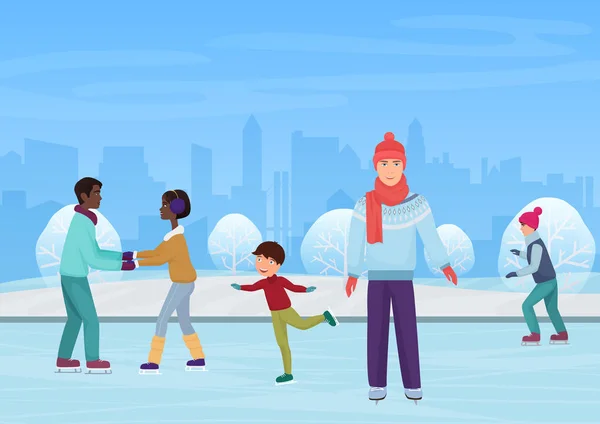 Les gens patinant sur une patinoire en plein air dans l'illustration vectorielle d'hiver . — Image vectorielle