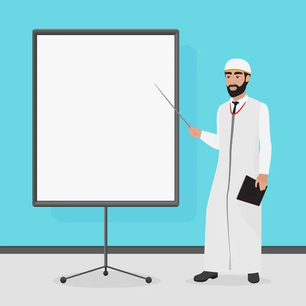 Arabische zakenman aan een presentatie. Cartoon vectorillustratie. — Stockvector