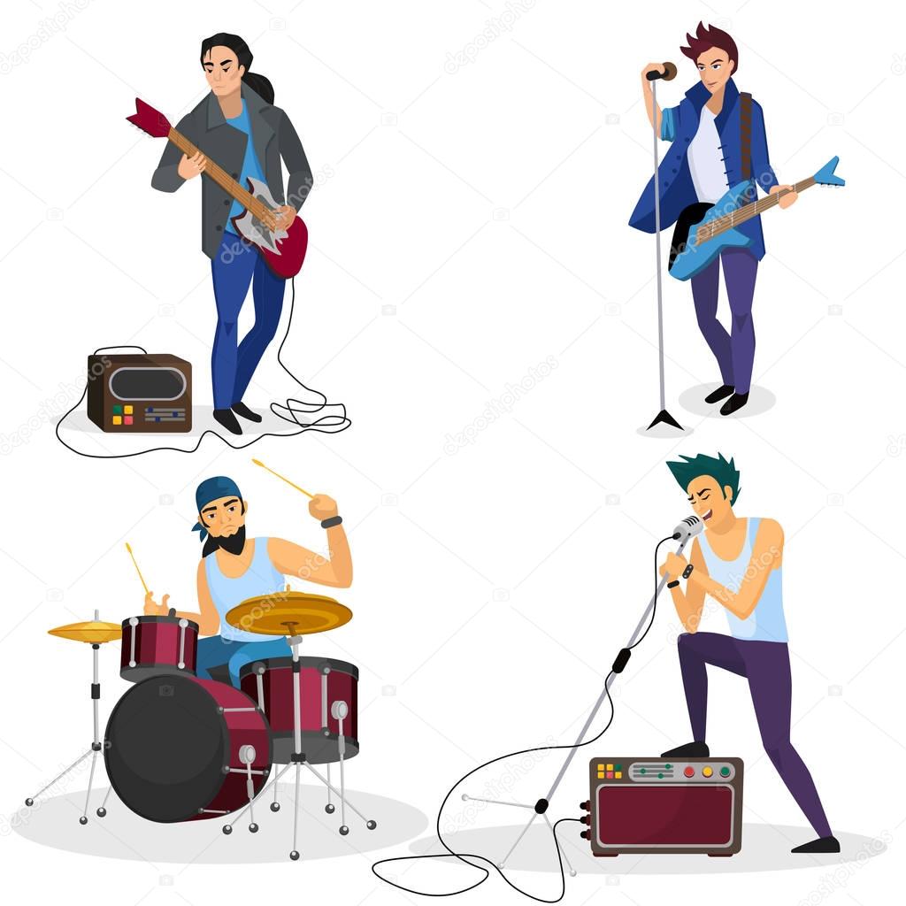 Rock band members isolated. Musical group singer, drummer, guitar player cartoon vector illustration.