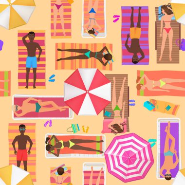 Beach seamless modeli üstten görünüm. Güneşli bir plaj yaz insanlar. Şemsiye, şezlong ve havlu ile yaz aylarında insanlar yukarıda görüntüleyin. Çizgi film vektör çizim.