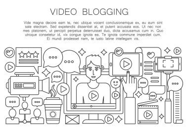 Blogger video ince hat kavramı. Erkek blogger ile bilgisayar ekranı. Kişisel Bloglama kanal yayın anahattı kontur vektör çizim.
